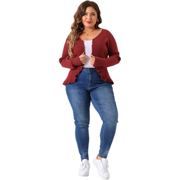 Plus Size Knit Cardigan Long Sleeve Open Front Ruffled Button Casual - Picture 3 of 5